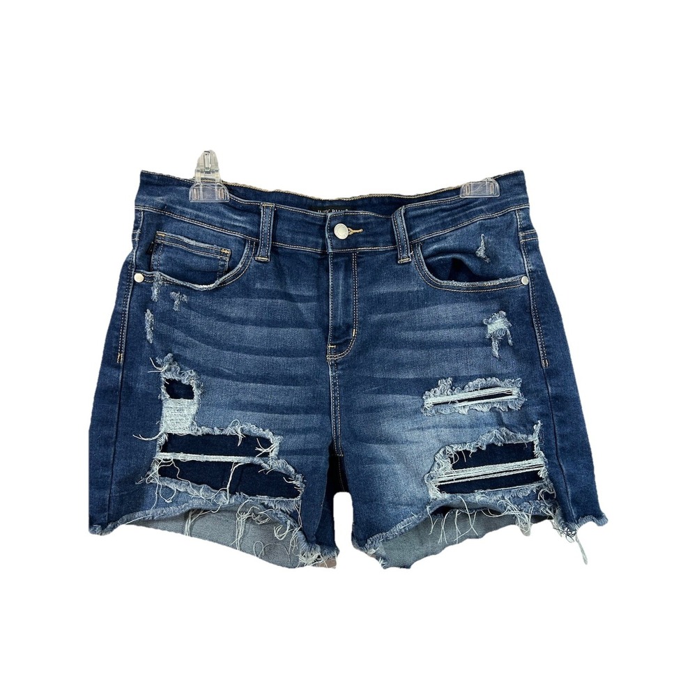 Judy Blue Mid Rise Dark Blue Distressed Denim Shorts Women's Size XL Cut Offs